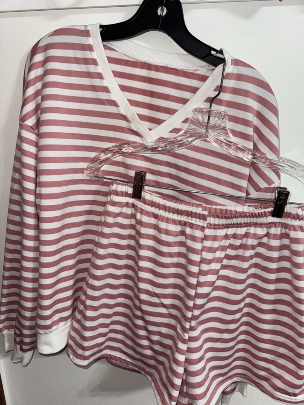 Women’s Striped V-Neck Pajama Set in Dusty Rose and White